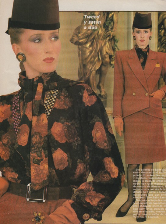 YSL, Yves Saint Laurent, haute couture, pret a porter, french designer, floral blouse, designer earrings, hat, tailored woman's suit