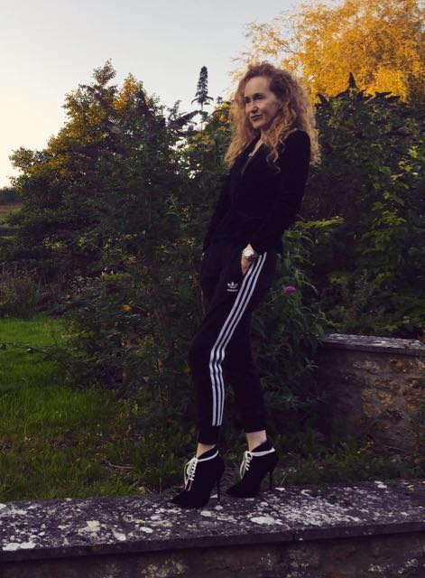 Adidas track pants, Adidas, Tuxedo jacket, Tuxedo, Athleisure, high heel ankle boots, black ankle boots