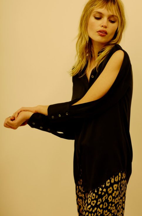 Kate Moss, Kate Moss Equipment collaboration, silk shirt, black silk shirt with sleeve slits