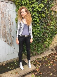 Mango metallic Jacket, All Saints leather trousers, Toyshop Silver ankle boots, Brandy Melville t shirt