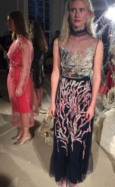 Alice Archer, British Designer, Navy Blue Evening Dress with Pink-White-Coral embroidery, Mrs V, Vanessa Voegele-Downing, www.themodeledit.com, @themodeledit, London Fashion Week, LFW SS17, Press Show