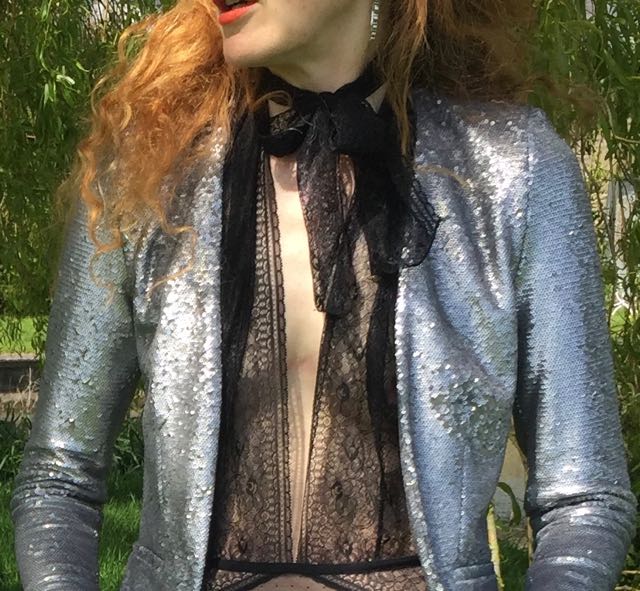 H&M lingerie, black lace body, sequinned jacket, Mango silver sequinned jacket, orange lipstick, red hair