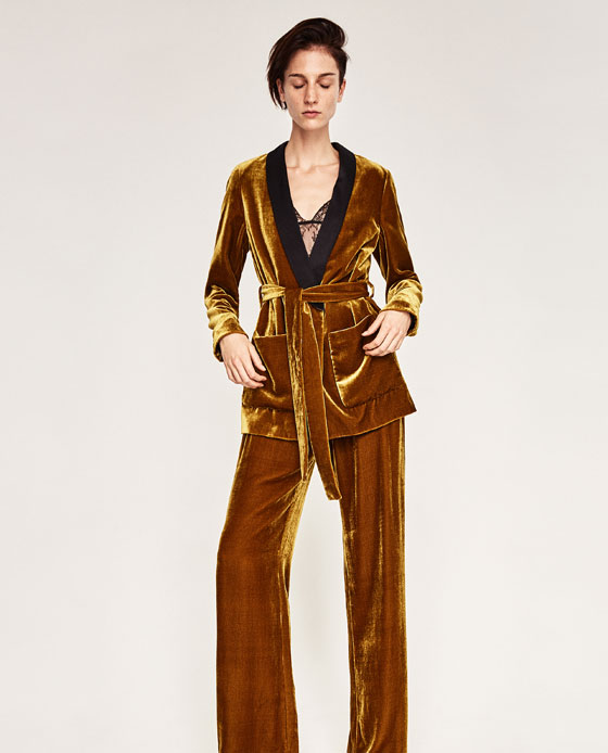 Zara, Zara crushed velvet trouser suit, lounge suit, gold trouser suit, tie waist velvet smoking suit