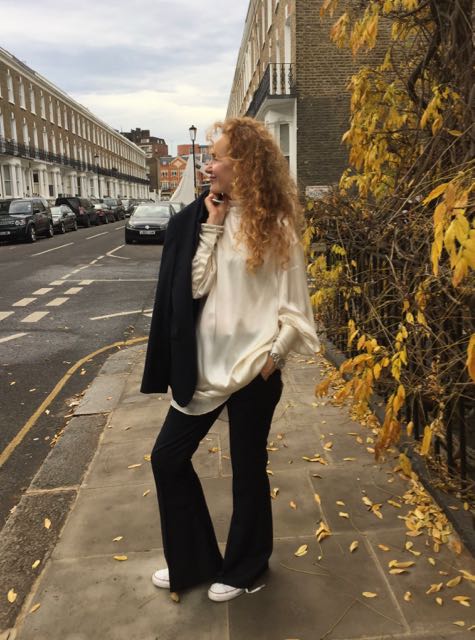 H&M A/W 2017, H&M satin tunic, white Converse trainers, navy blue tailored trousers, pinstriped trousers