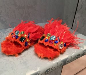 MiuMiu Feathery Sliders, jewelled Sliders, MiuMiu Footwear, orange feather Sliders