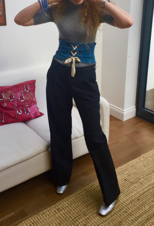 Denim belt , denim corset belt, Carine Roitfeld tailored trousers, Brandy Melville Grey wool short sleeved roll neck top